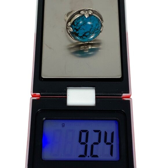 LORI BONN Sterling Silver Floral Framed Turquoise Ring SZ 5.25 Hammered Band - Picture 9 of 9